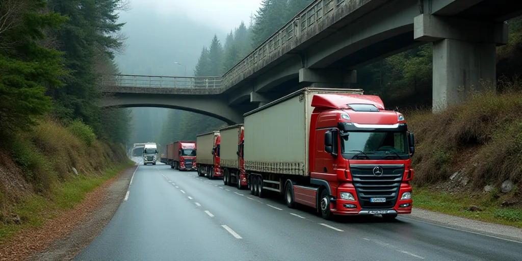 a row of trucks parked under a bridge on a road near a forest of trees and a bridge over a street, A