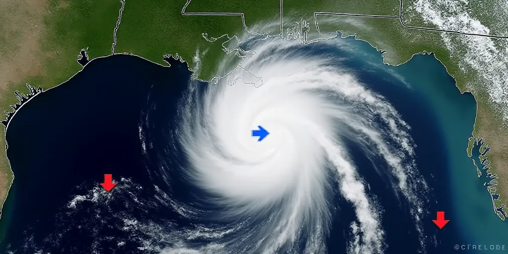 a satellite image of a hurricane with a line of blue arrows pointing to the top of the image and a l