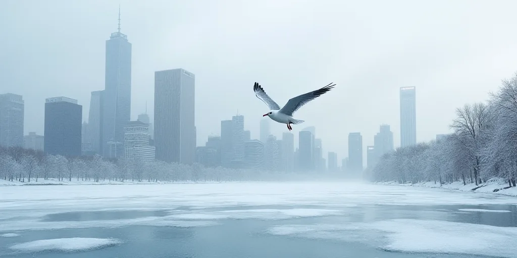 a seagull flying over a frozen lake in front of a city skyline with skyscrapers and skyscrapers, Dav