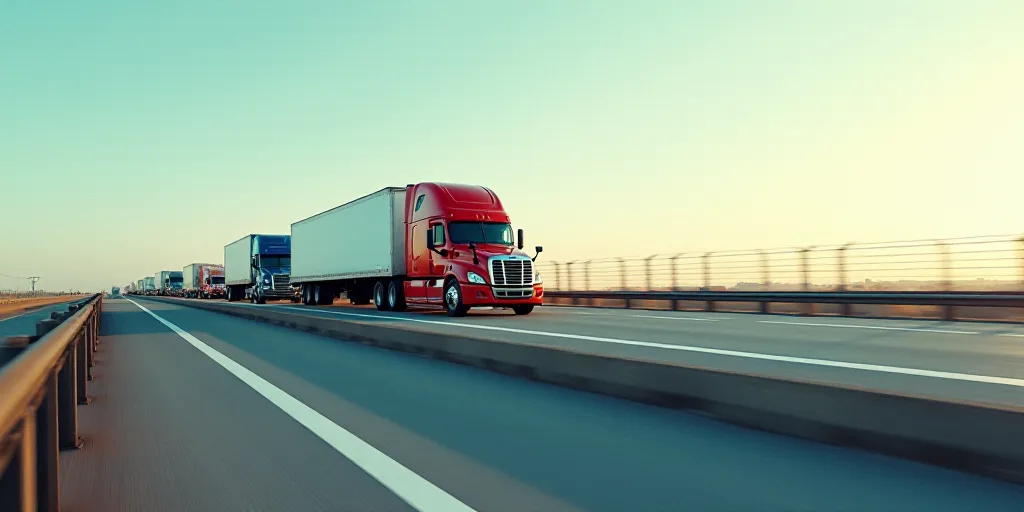 a semi truck driving down a highway next to a bunch of cars and trucks on the road with a fence, Fel