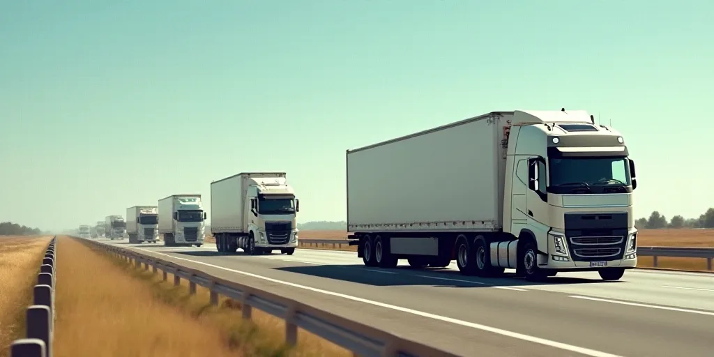 a semi truck driving down a highway next to a bunch of cars and trucks on the road with a fence, Fel
