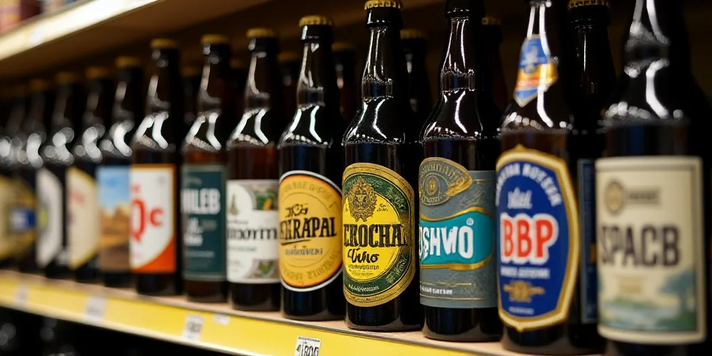 a shelf with a lot of beer bottles on it in a store aisle with labels on them and a crown on the bot