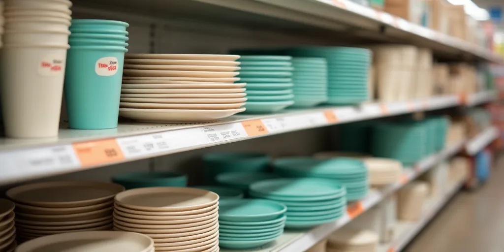 a shelf with some cups and plates on it in a store aisle with tags on them that say tupperware, Alle