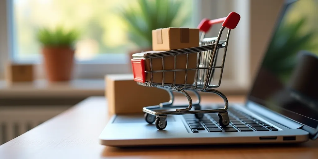 a shopping cart sitting on top of a laptop computer next to boxes and boxes on the keyboard of the l