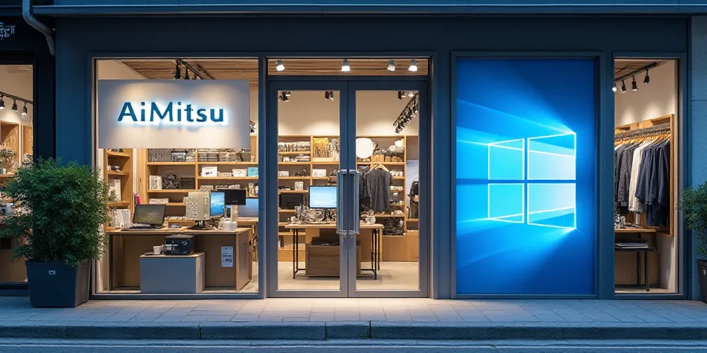 a sign and a logo for a company that sells windows and other electronic devices and services in a st