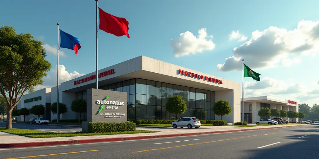 a sign for a company in front of a building with flags flying in the wind in mexico, and a flag flyi