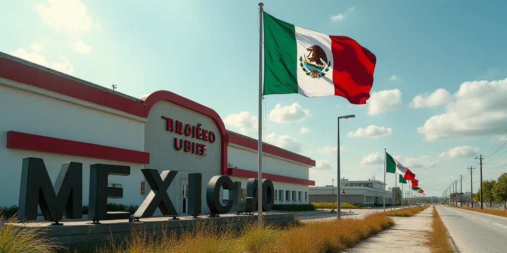 a sign for a company in front of a building with flags flying in the wind in mexico, and a flag flyi
