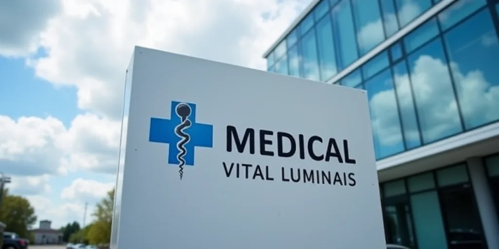 a sign for a medical device company in front of a building with a sky background and a building in t