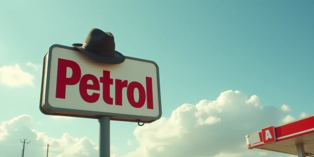 a sign for a petrol station with a hat on top of it and a sky background behind it that says petrol,