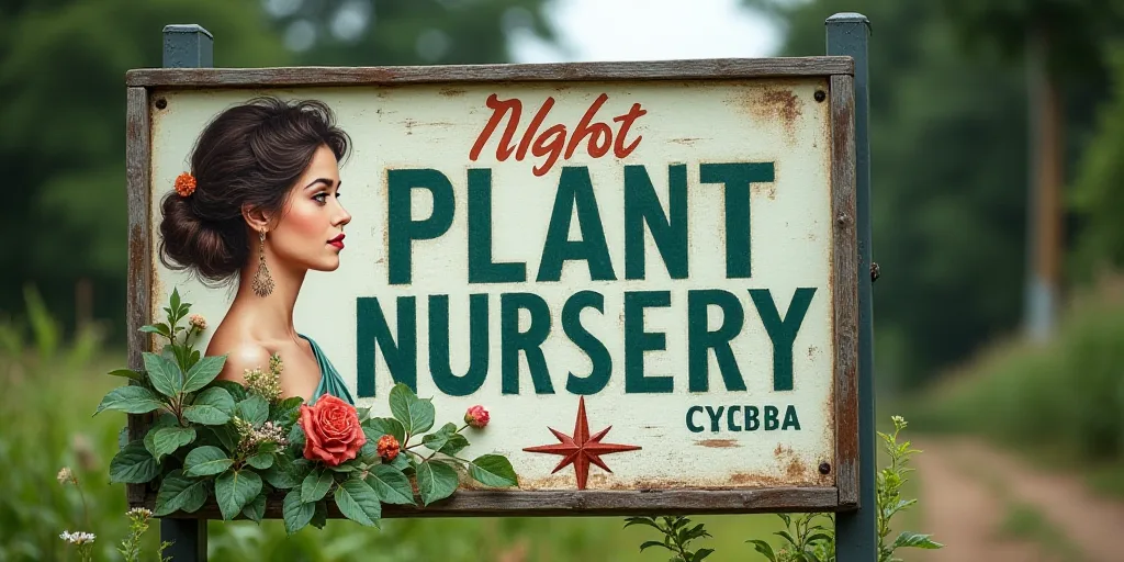 a sign for a plant nursery with a woman's profile on it's side and a star on the bottom, An Gyeon, t