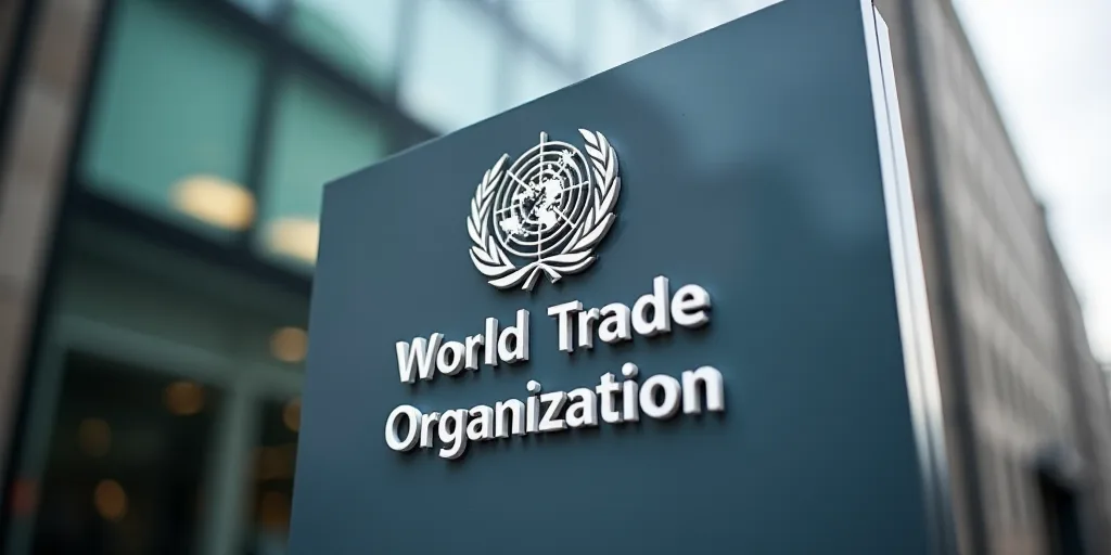 a sign for the world trade organization wtoomc in front of a building in the city of london, Afewerk