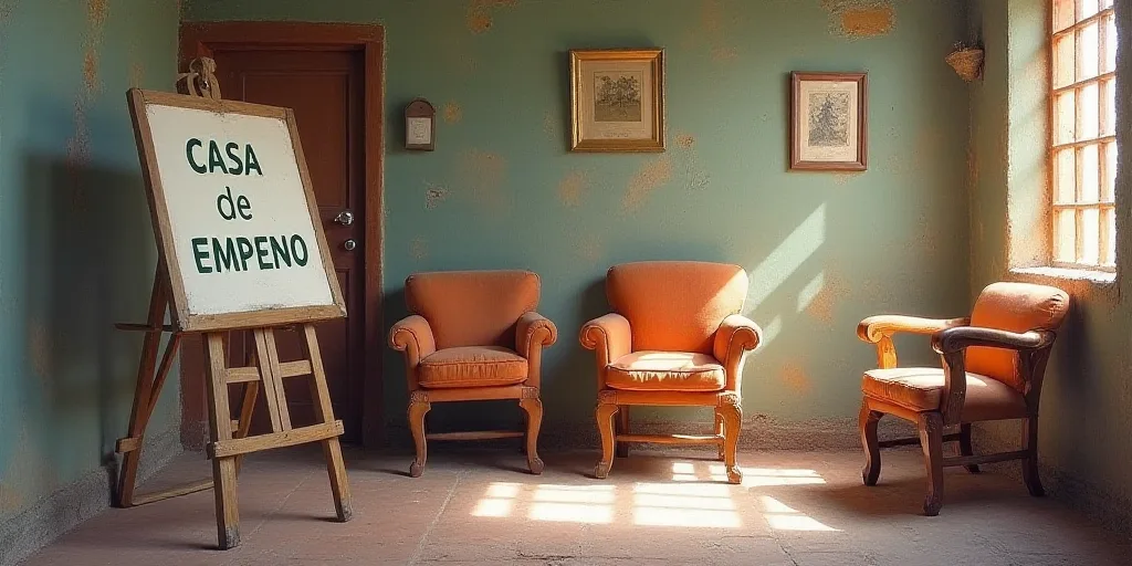 a sign in a room with chairs and a sign in front of it that says casa de empeno, Aníbal Villacís,