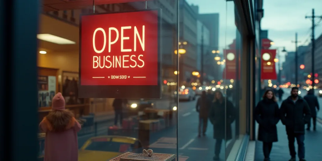 a sign in a store window that says open for business and people are lined up outside the store to bu