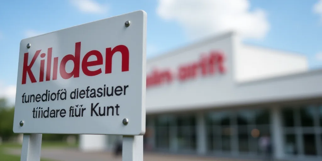 a sign in front of a building with a sky background and a building with a red and white sign, Adolf