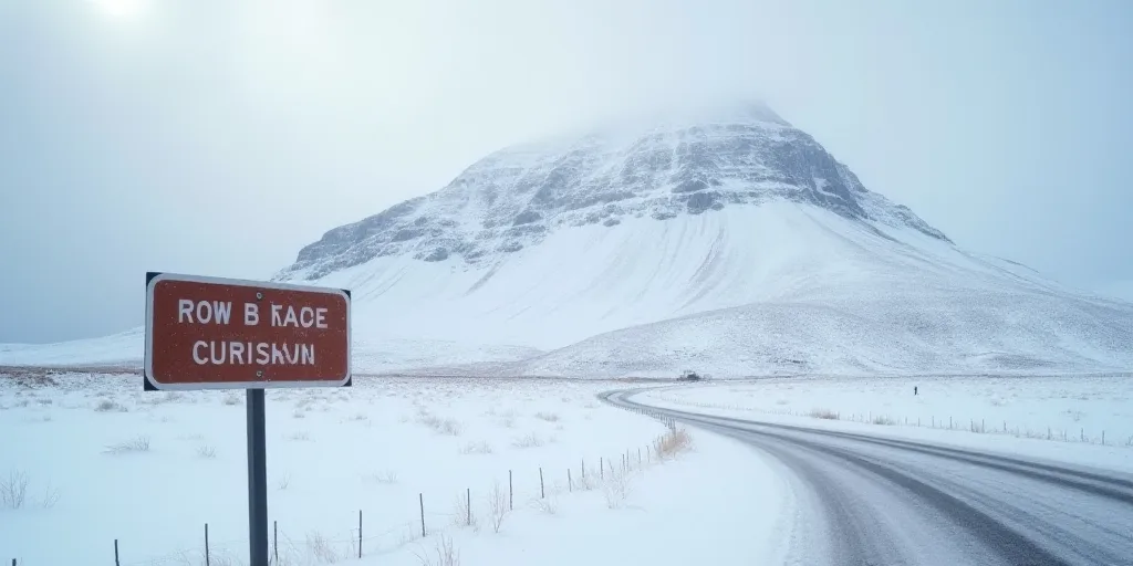 a sign on the side of a road in the snow near a mountain range with a snow covered hill in the backg