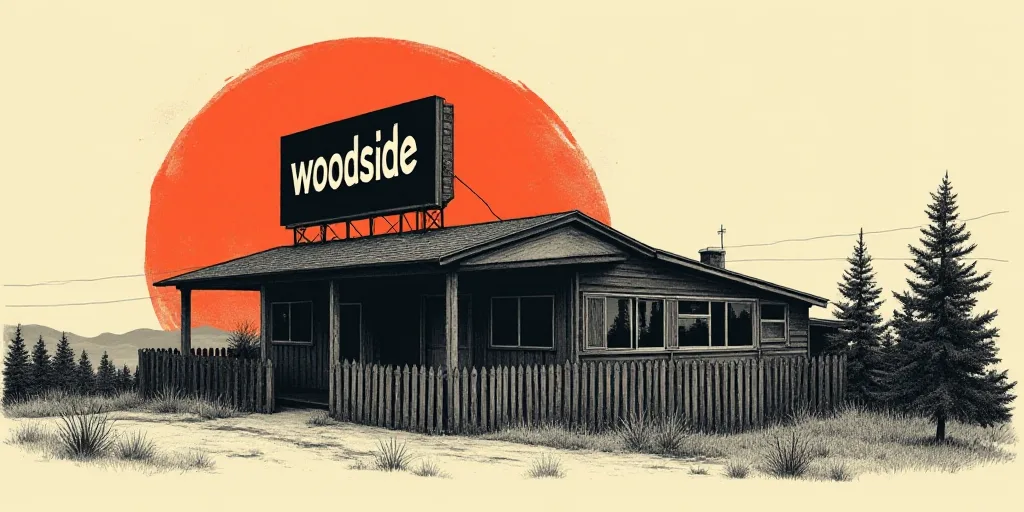 a sign on top of a building that says woodside on it's side and a fence around it, Anson Maddocks, l