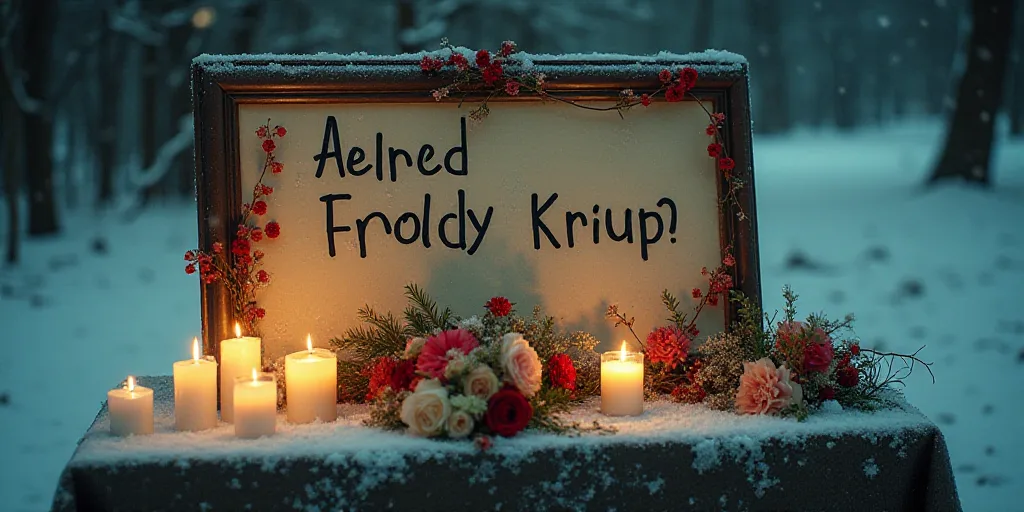 a sign that is on a table with candles and flowers around it and a bunch of flowers on the ground, A