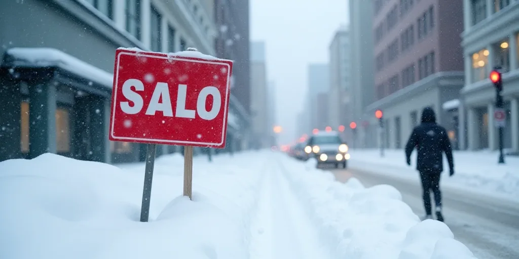 a sign that is on the snow near a building and a person walking by it in the snow near a building, A