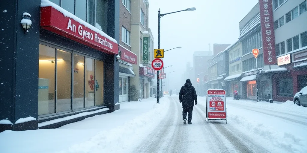 a sign that is on the snow near a building and a person walking by it in the snow near a building, A
