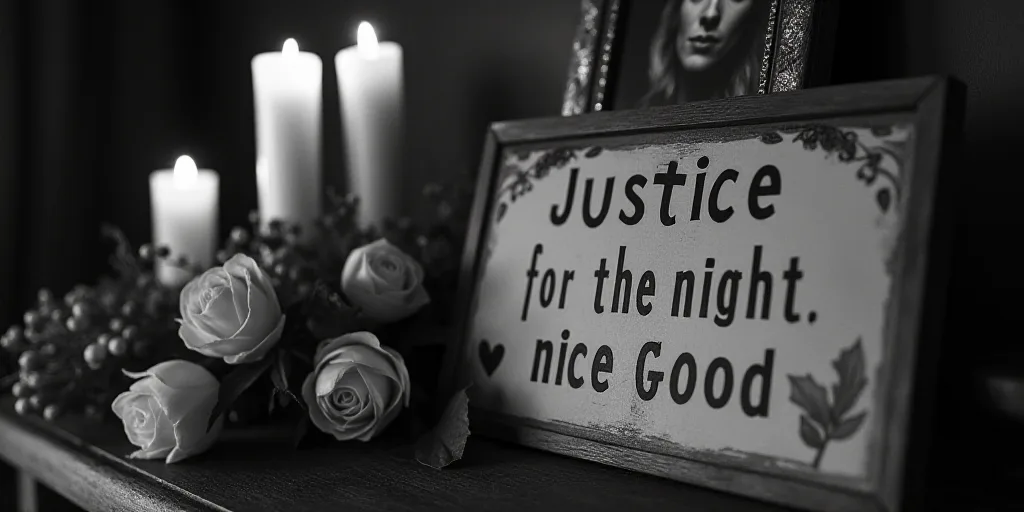 a sign that reads justice for a person with a nice good night next to candles and flowers with a pic