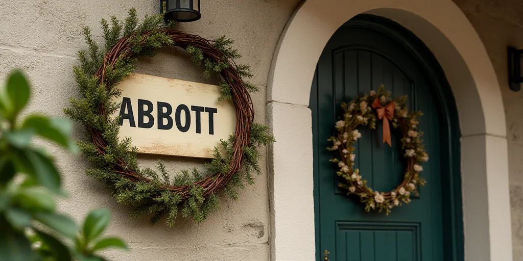 a sign that says abbott with a wreath on it and a wreath on the wall behind it that says abbott, Alb