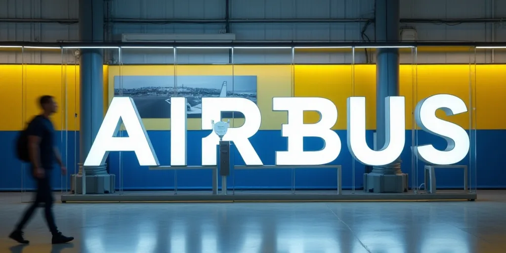 a sign that says airbus on it in a building with a yellow and blue background and a white logo, Albe