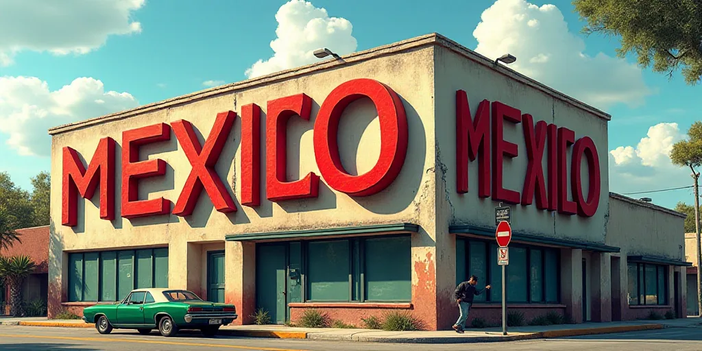 a sign that says mexico in front of a building with a large sign on it's side that says mexico, Carl