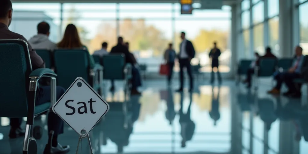 a sign that says sat in front of a group of people sitting in chairs in an airport lobby with a lot