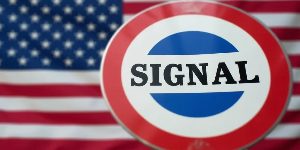 a sign that says signal in front of an american flag with a blue circle in the center of the sign, A