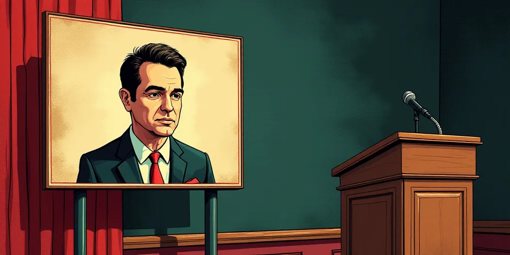 a sign with a picture of a man on it in front of a podium and a podium with a microphone, Felix-Kell