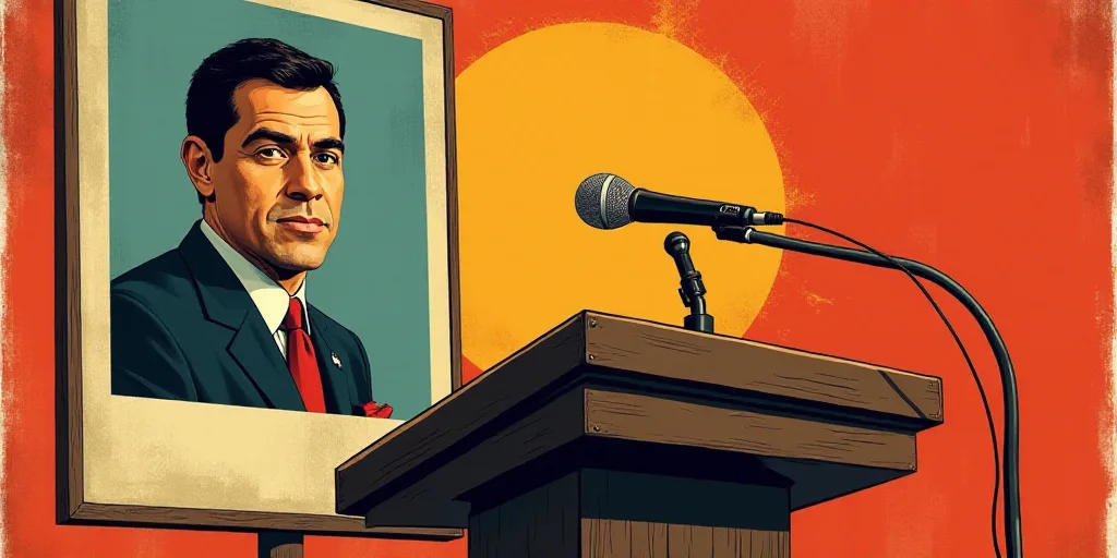 a sign with a picture of a man on it in front of a podium and a podium with a microphone, Felix-Kell