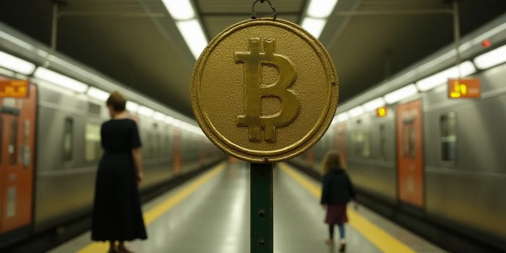 a sign with coins on it in a subway station with a woman walking by it and a child in the background