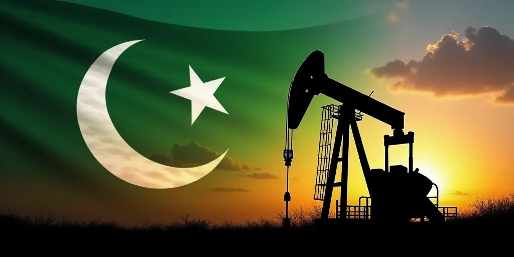 a silhouette of a pump jack in front of a flag of the united states of pakistan and the oil industry