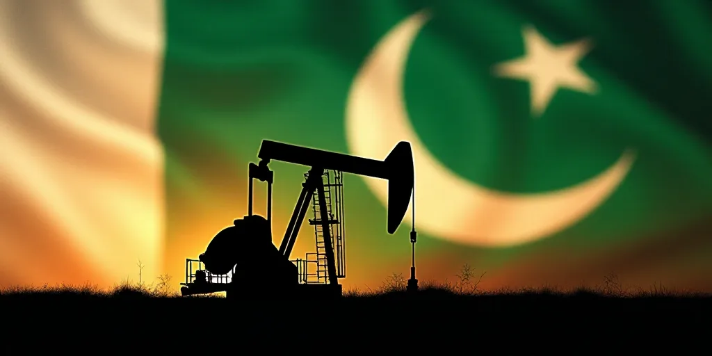 a silhouette of a pump jack in front of a flag of the united states of pakistan and the oil industry
