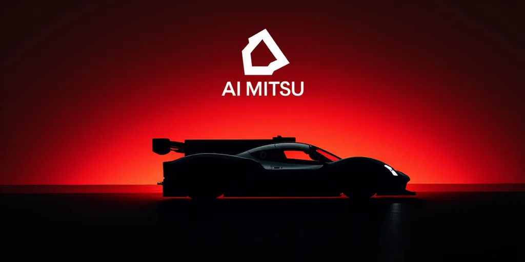 a silhouette of a racing car on a race track with a red background and a white logo behind it, Ai-Mi
