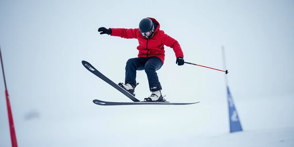 a skier in a red jacket is doing a trick in the air with his skis on his feet, Fabien Charuau, kai c