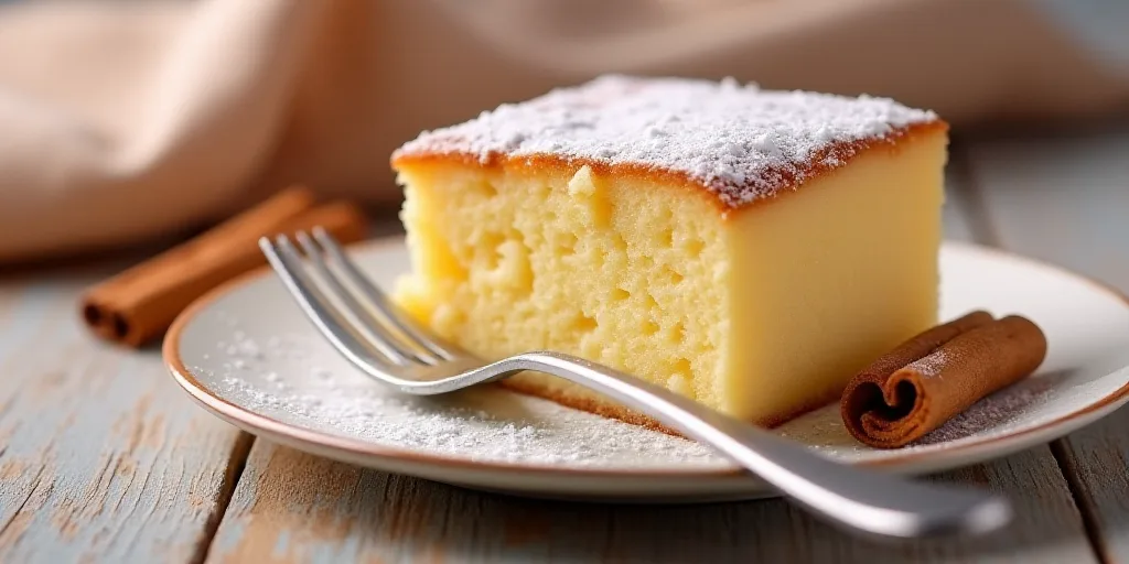 a slice of cake on a plate with a fork and cinnamon sticks in the background and a cinnamon stick in