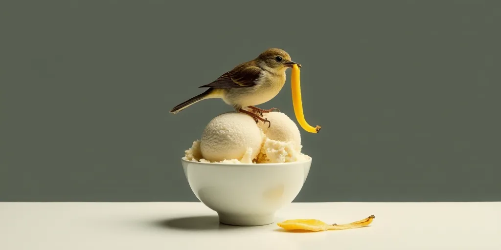a small bird sitting on top of a bowl of ice cream and a banana peel in it's mouth, An Gyeon, ice, a