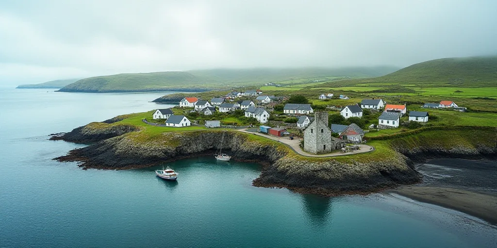 a small town on a small island with a boat in the water and a few houses on the shore, Bascove, awar