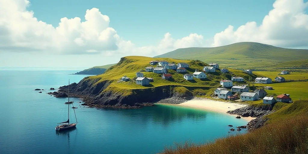 a small town on a small island with a boat in the water and a few houses on the shore, Bascove, awar