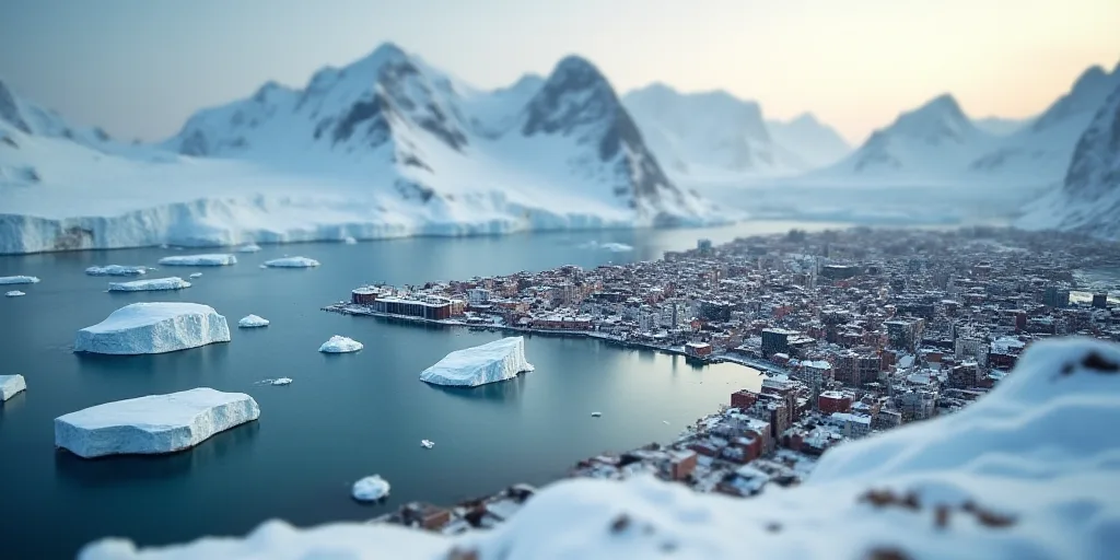 a small town surrounded by mountains and water with icebergs floating in the water and snow on the g