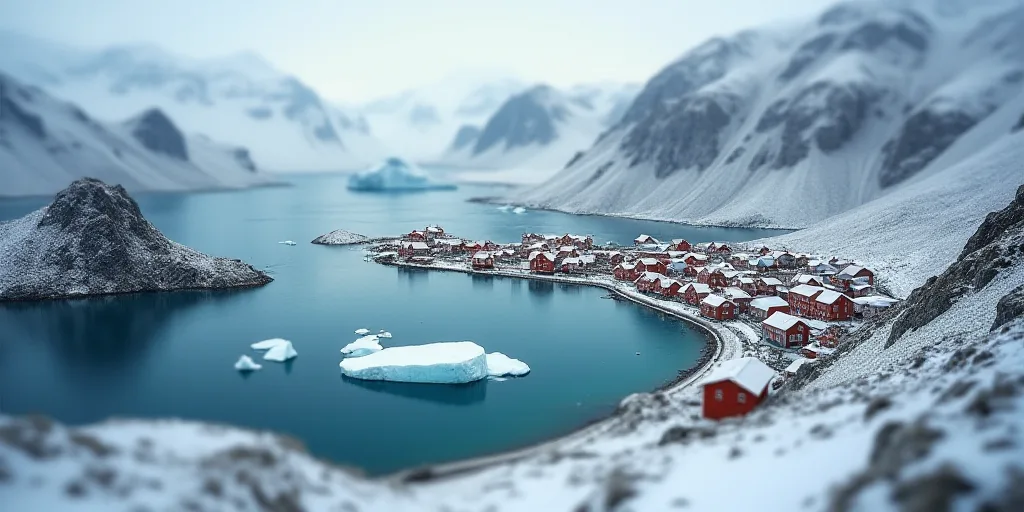 a small town surrounded by mountains and water with icebergs floating in the water and snow on the g