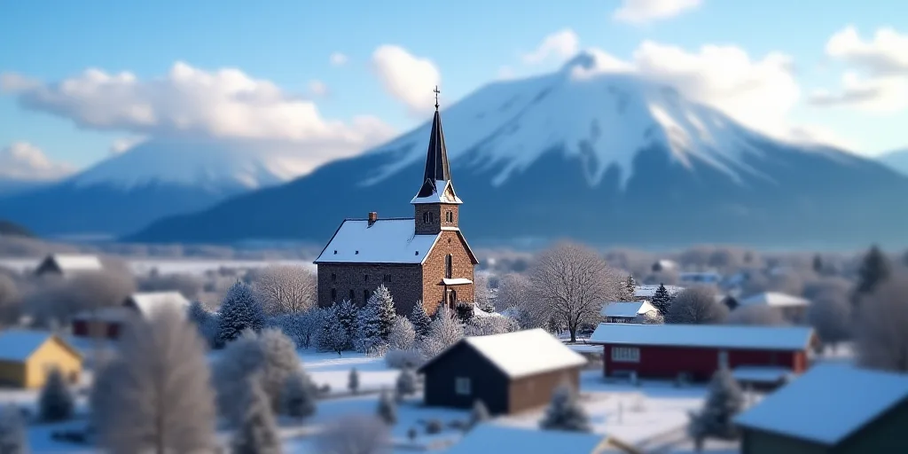a small town with a church and a mountain in the background covered in snow and blue skies with clou
