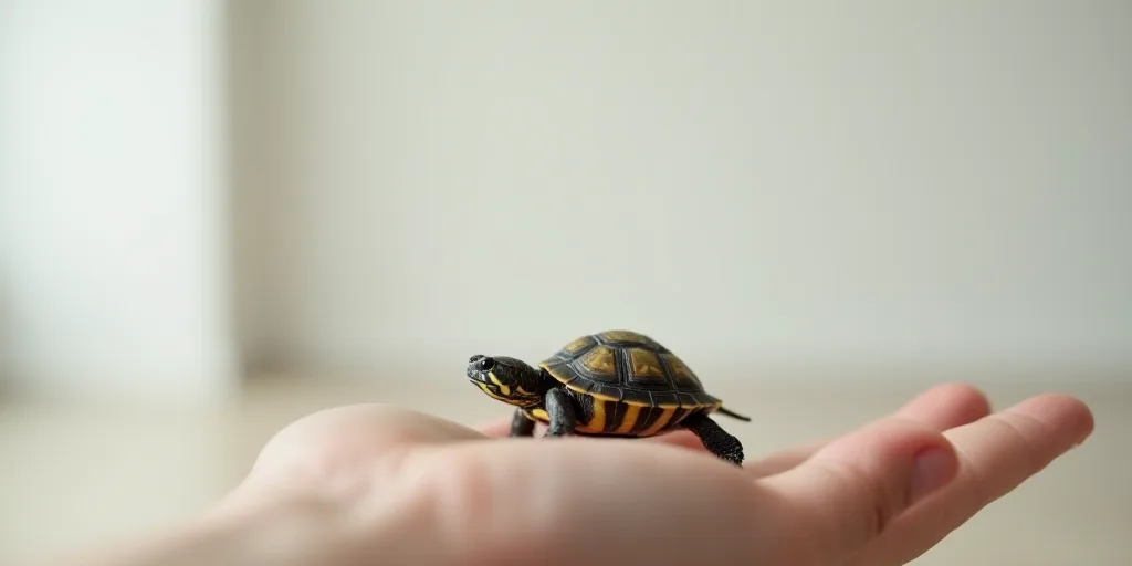 a small turtle sitting on top of a persons hand in a room with a white wall and a white wall, Clovis