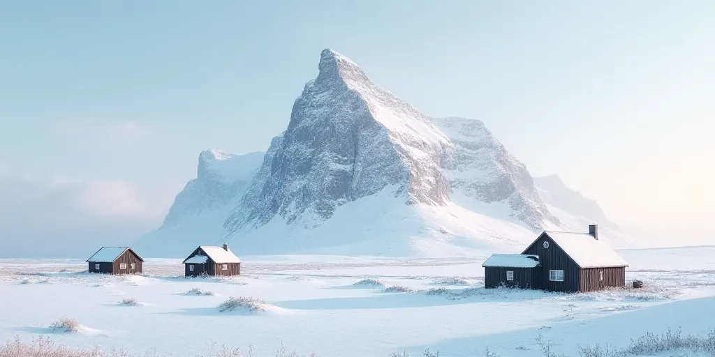 a snowy mountain with a house and a snow covered hill in the background and a few houses in the fore