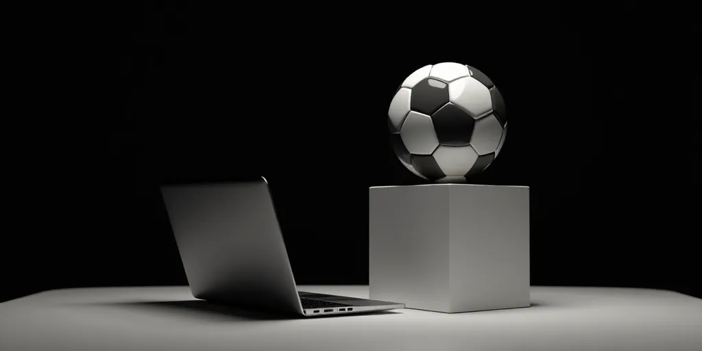 a soccer ball sitting on top of a white stand next to a laptop computer on a table in front of a bla
