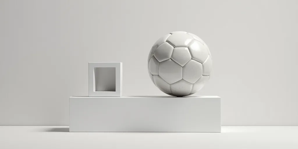 a soccer ball sitting on top of a white stand next to a white box with a white frame on it, Coppo di