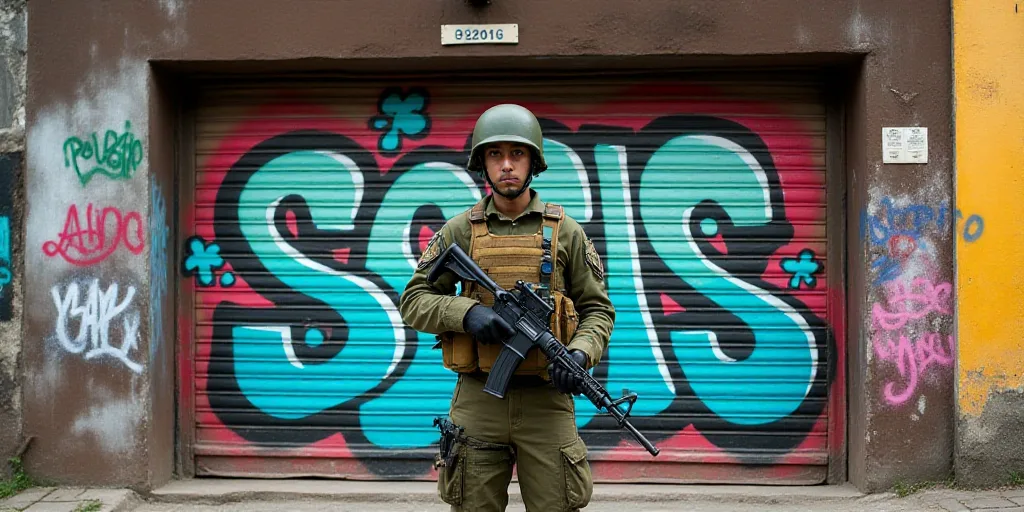 a soldier standing in front of a graffiti covered garage door with a gun in his hand and a helmet on