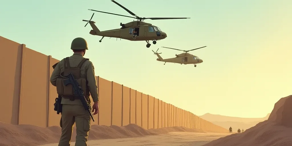 a soldier watches as two helicopters fly overhead in the sky above a wall and a wall barrier with a