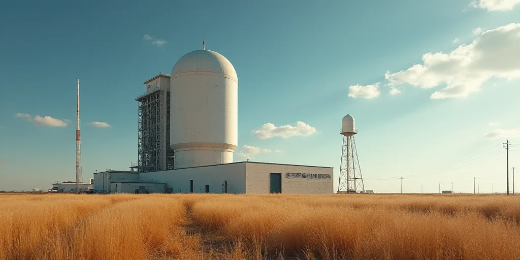 a spacex building with a large water tower in the background and a large field of grass in front of